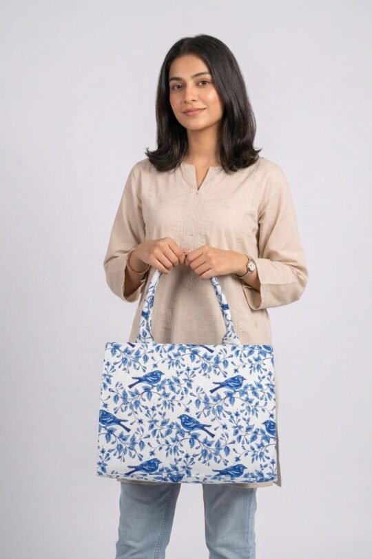 Her Essence Printed Canvas Tote Bag with Blue Bird and Floral Pattern