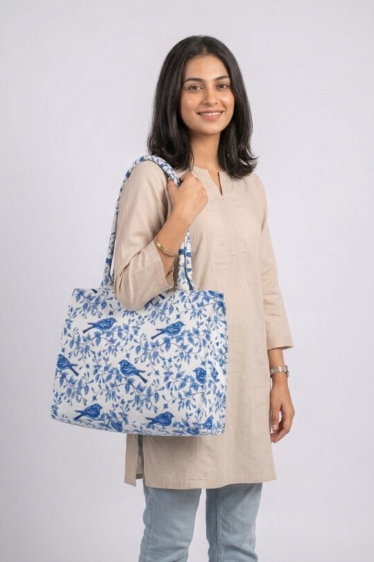 Her Essence Printed Canvas Tote Bag with Blue Bird and Floral Pattern