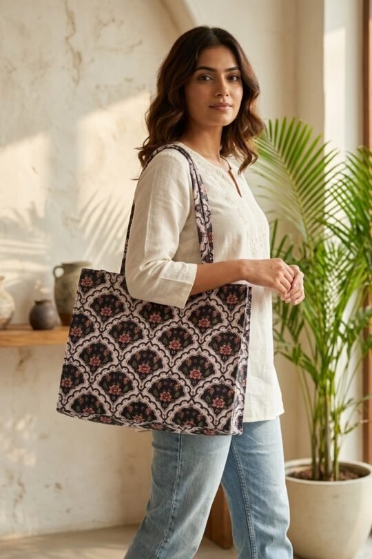 Her Essence Printed Canvas Tote Bag with Elegant Black and Floral Pattern