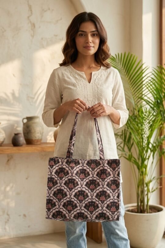 Her Essence Printed Canvas Tote Bag with Elegant Black and Floral Pattern