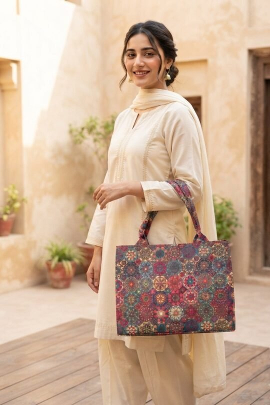 Her Essence Printed Canvas Tote Bag with Colorful Geometric Floral Pattern