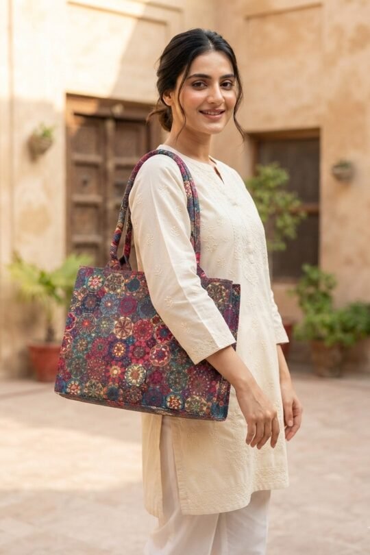 Her Essence Printed Canvas Tote Bag with Colorful Geometric Floral Pattern